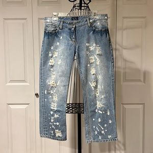 Blue Time Worn Out Look Cropped Jeans